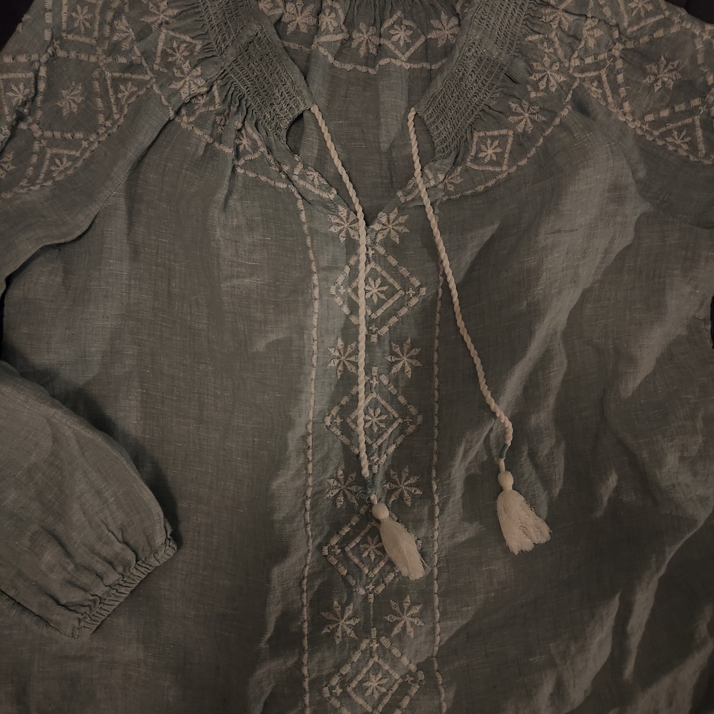 Embroidered Boho Peasant Linen Blouse in Sage Green
